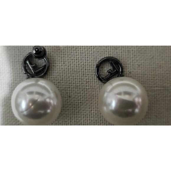 Fendi Gun Metal Rhinestone Pearl Logo Earrings - Picture 4 of 6